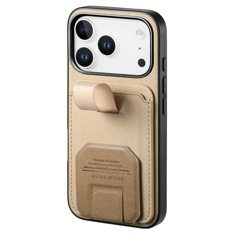 For iPhone 18 Pro / 17 Pro Case Cloth Texture TPU PU Leather PC Phone Back Cover with Card Holder Kickstand - Khaki