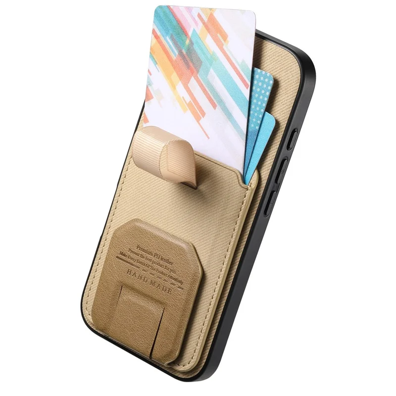 For iPhone 18 Pro / 17 Pro Case Cloth Texture TPU PU Leather PC Phone Back Cover with Card Holder Kickstand - Khaki