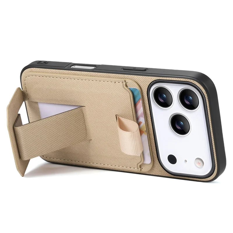For iPhone 18 Pro / 17 Pro Case Cloth Texture TPU PU Leather PC Phone Back Cover with Card Holder Kickstand - Khaki