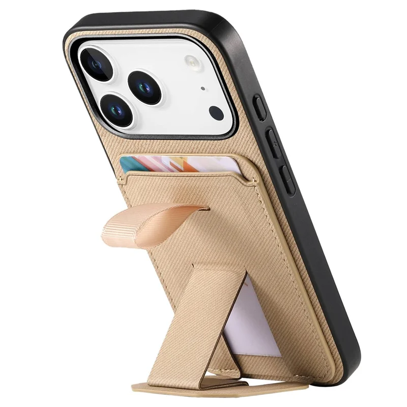 For iPhone 18 Pro / 17 Pro Case Cloth Texture TPU PU Leather PC Phone Back Cover with Card Holder Kickstand - Khaki