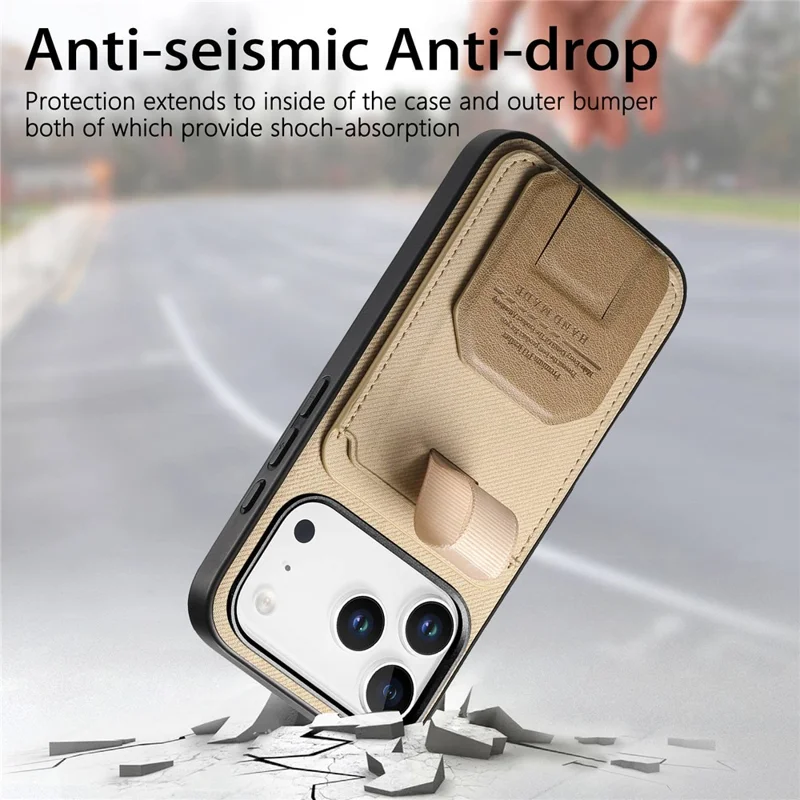 For iPhone 18 Pro / 17 Pro Case Cloth Texture TPU PU Leather PC Phone Back Cover with Card Holder Kickstand - Khaki