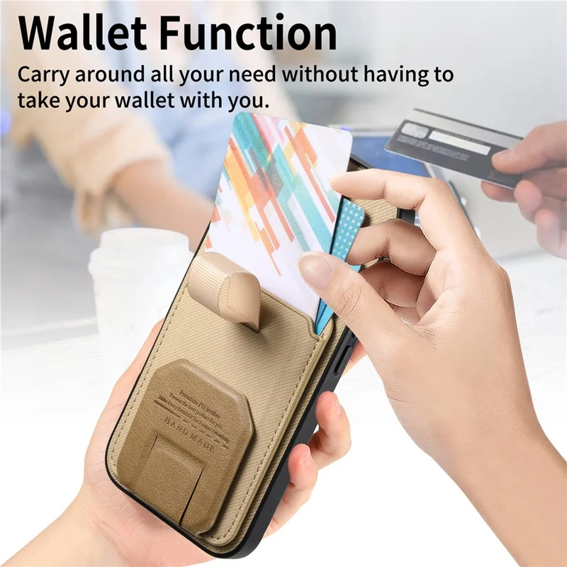 For iPhone 18 Pro / 17 Pro Case Cloth Texture TPU PU Leather PC Phone Back Cover with Card Holder Kickstand - Khaki