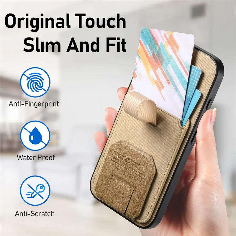 For iPhone 18 Pro / 17 Pro Case Cloth Texture TPU PU Leather PC Phone Back Cover with Card Holder Kickstand - Khaki