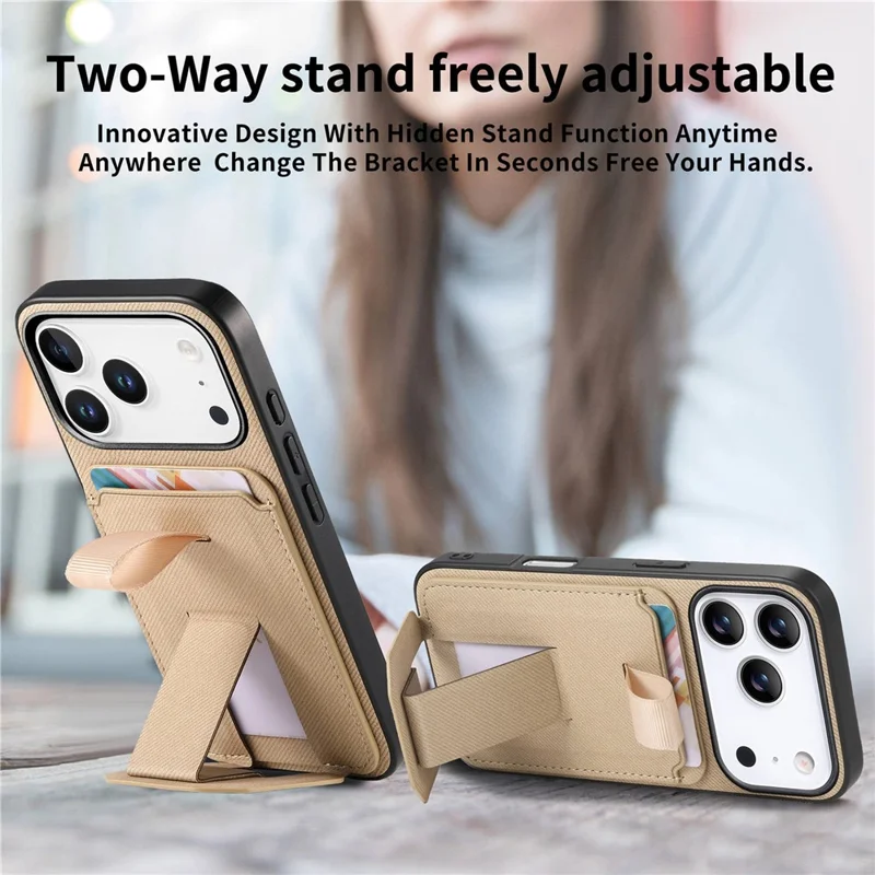 For iPhone 18 Pro / 17 Pro Case Cloth Texture TPU PU Leather PC Phone Back Cover with Card Holder Kickstand - Khaki