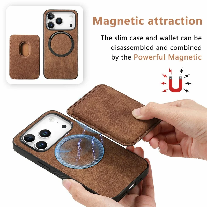 For iPhone 18 Pro Max / 17 Pro Max Magnetic Case Retro Leather + TPU Phone Cover with Detachable Card Slot - Brown