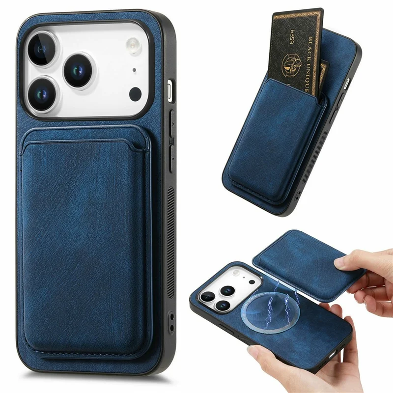 For iPhone 18 Pro Magnetic Case Retro Leather + TPU Phone Cover with Detachable Card Slot - Blue