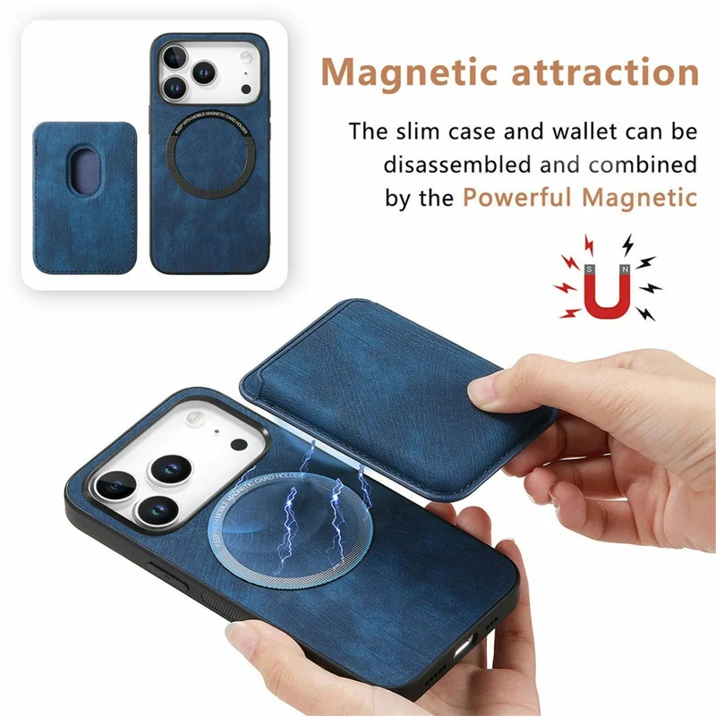 For iPhone 18 Pro Magnetic Case Retro Leather + TPU Phone Cover with Detachable Card Slot - Blue