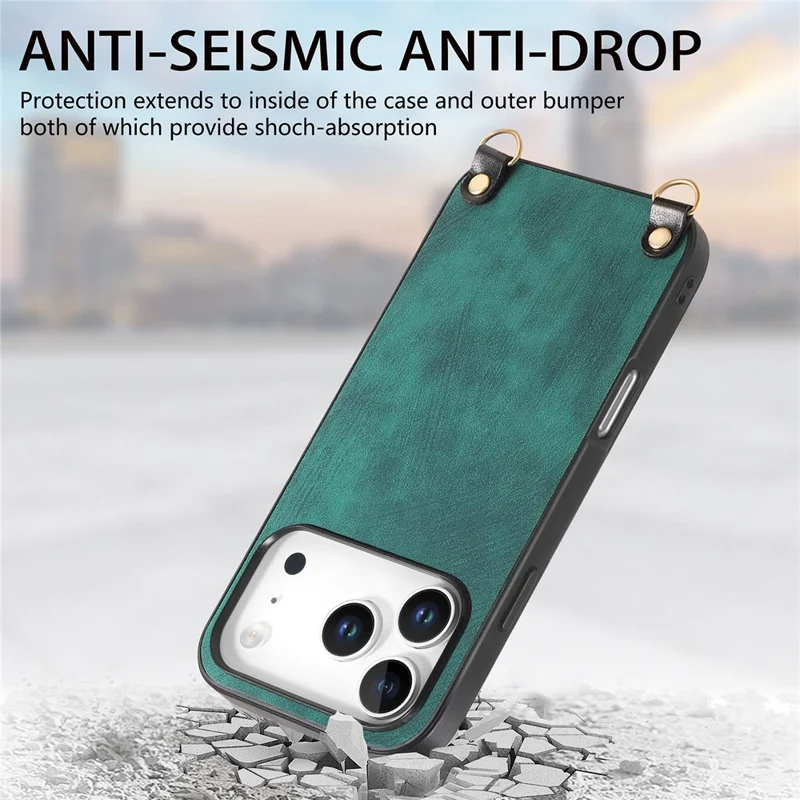 For iPhone 18 Pro Max Retro Leather Phone Back Cover with Adjustable Strap - Green