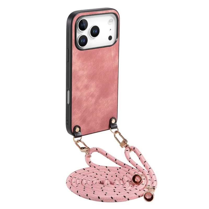 For iPhone 18 Pro Max Retro Leather Phone Back Cover with Adjustable Strap - Pink
