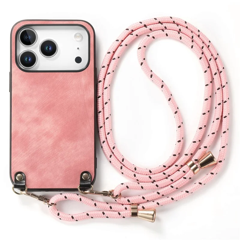 For iPhone 18 Pro Max Retro Leather Phone Back Cover with Adjustable Strap - Pink