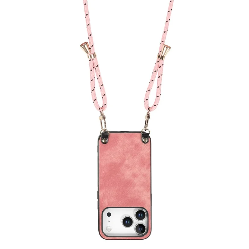 For iPhone 18 Pro Max Retro Leather Phone Back Cover with Adjustable Strap - Pink