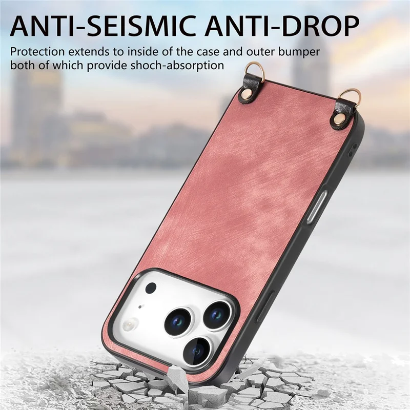 For iPhone 18 Pro Max Retro Leather Phone Back Cover with Adjustable Strap - Pink