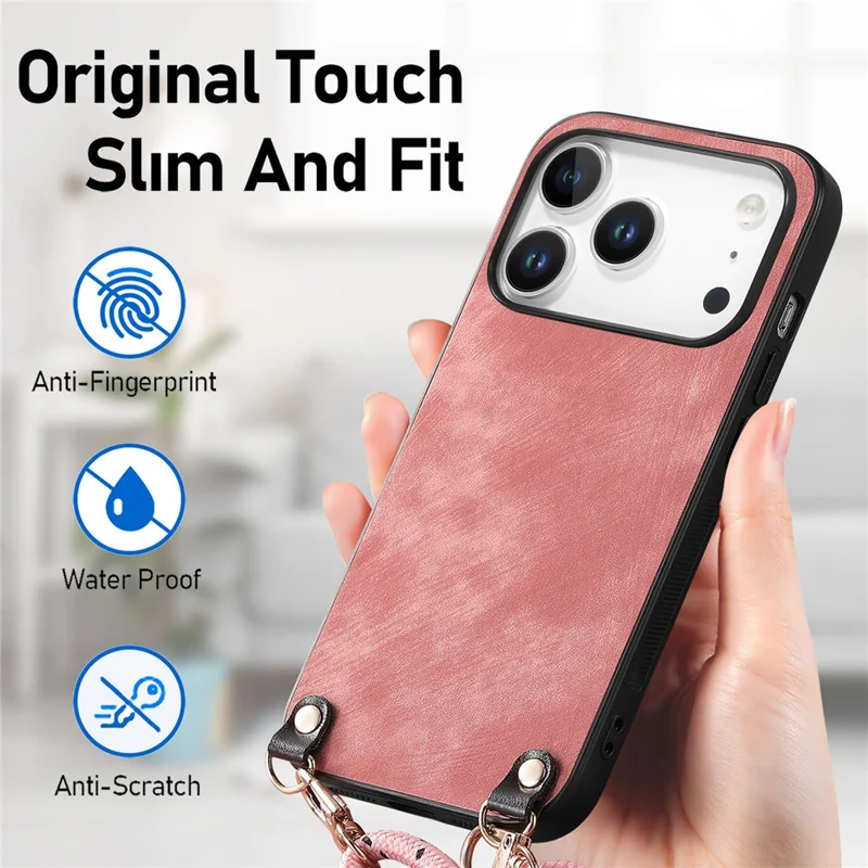For iPhone 18 Pro Max Retro Leather Phone Back Cover with Adjustable Strap - Pink