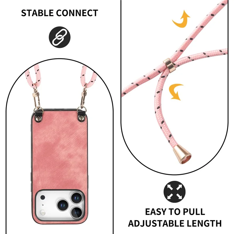 For iPhone 18 Pro Max Retro Leather Phone Back Cover with Adjustable Strap - Pink