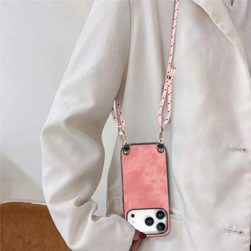 For iPhone 18 Pro Max Retro Leather Phone Back Cover with Adjustable Strap - Pink