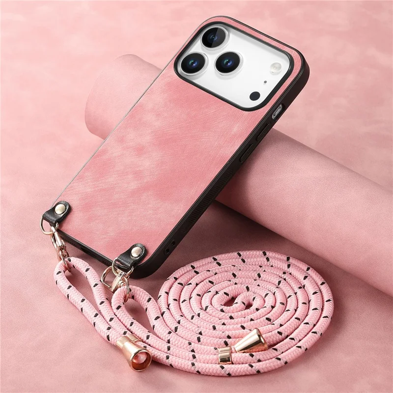 For iPhone 18 Pro Max Retro Leather Phone Back Cover with Adjustable Strap - Pink