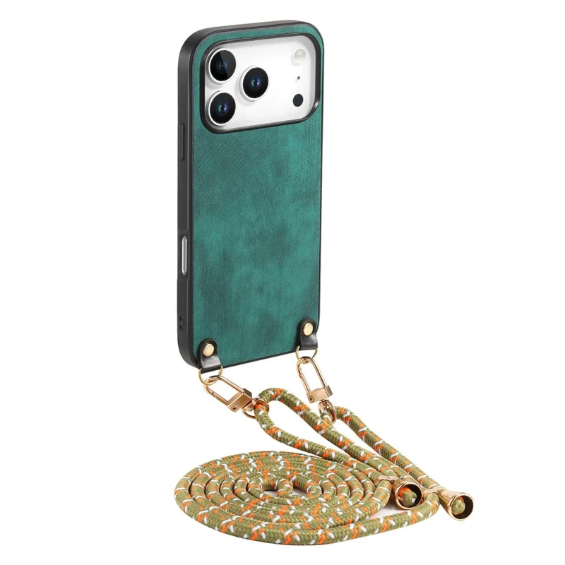 For iPhone 18 Pro / 17 Pro Retro Leather Phone Back Cover with Adjustable Strap - Green