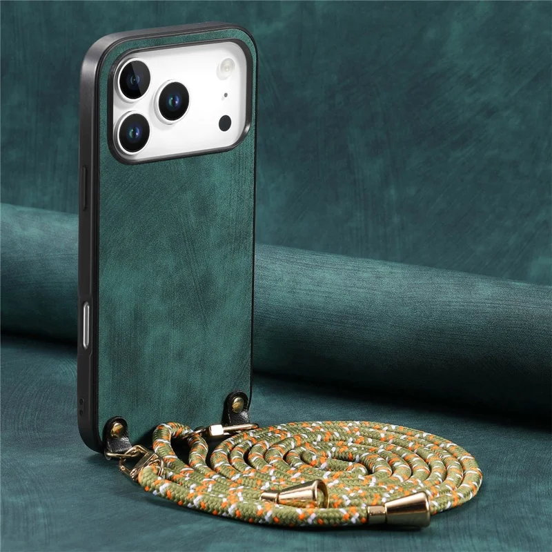 For iPhone 18 Pro / 17 Pro Retro Leather Phone Back Cover with Adjustable Strap - Green