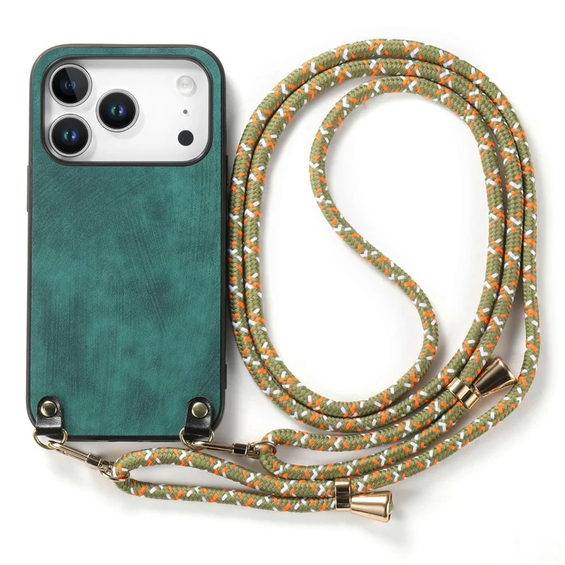For iPhone 18 Pro / 17 Pro Retro Leather Phone Back Cover with Adjustable Strap - Green