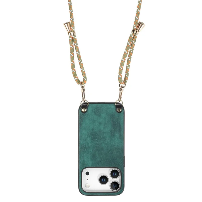 For iPhone 18 Pro / 17 Pro Retro Leather Phone Back Cover with Adjustable Strap - Green