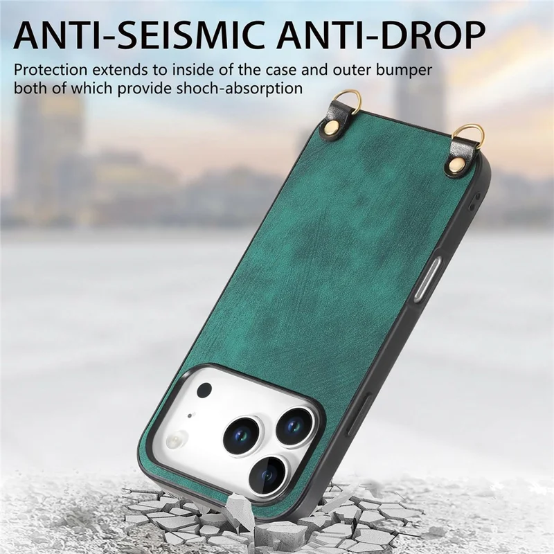 For iPhone 18 Pro / 17 Pro Retro Leather Phone Back Cover with Adjustable Strap - Green