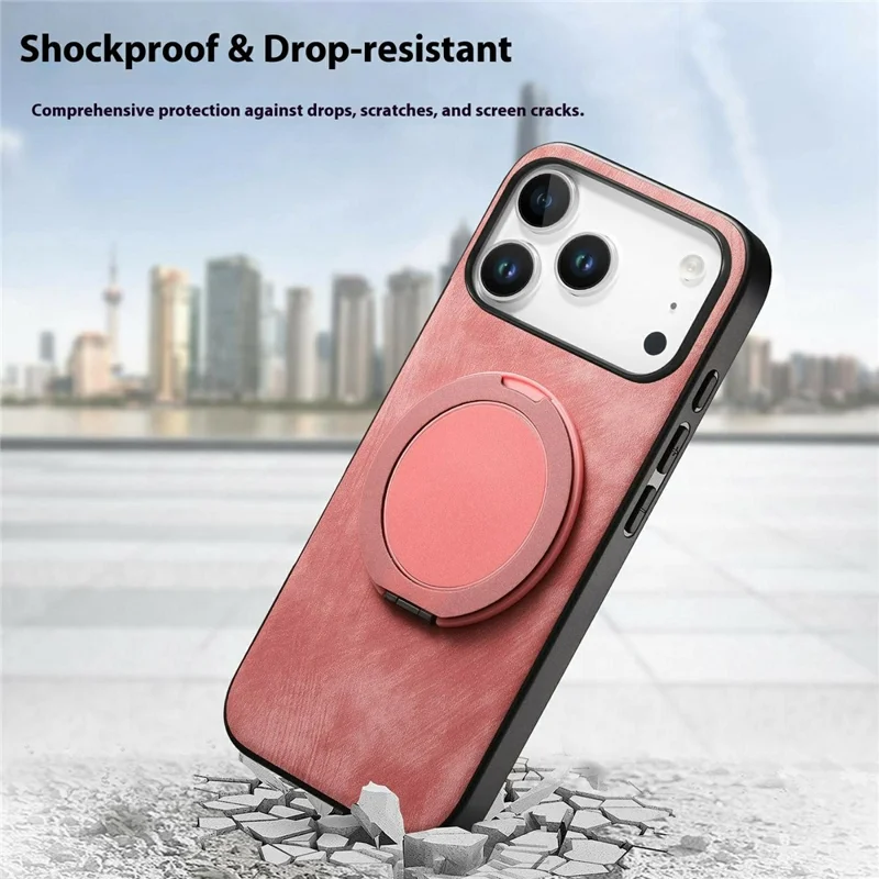 For iPhone 18 Pro / 17 Pro Stress Relief Retro Leather Back Cover Phone Case with Rotating Kickstand - Pink