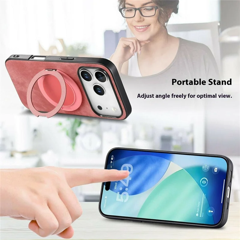 For iPhone 18 Pro / 17 Pro Stress Relief Retro Leather Back Cover Phone Case with Rotating Kickstand - Pink