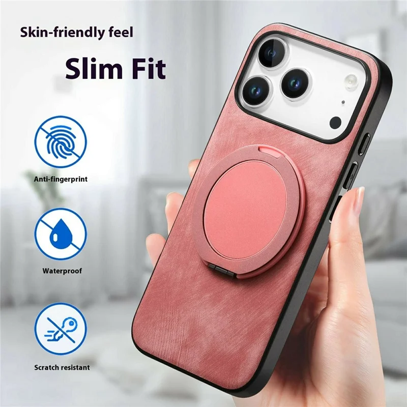 For iPhone 18 Pro / 17 Pro Stress Relief Retro Leather Back Cover Phone Case with Rotating Kickstand - Pink