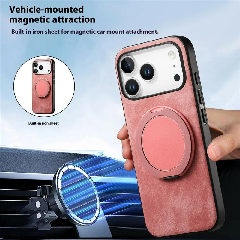For iPhone 18 Pro / 17 Pro Stress Relief Retro Leather Back Cover Phone Case with Rotating Kickstand - Pink