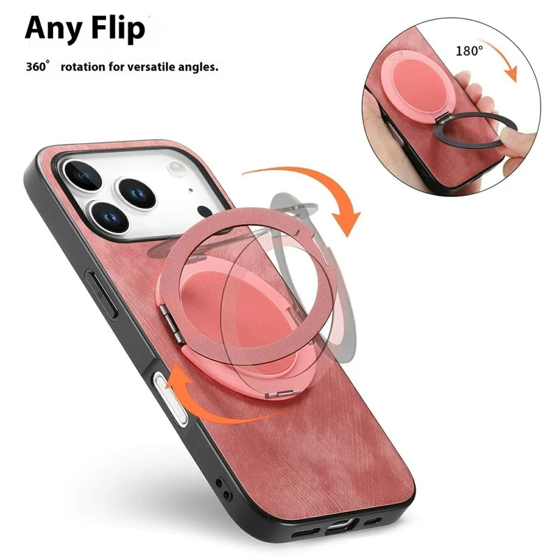 For iPhone 18 Pro / 17 Pro Stress Relief Retro Leather Back Cover Phone Case with Rotating Kickstand - Pink