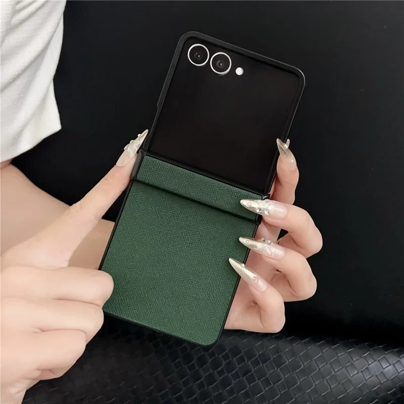 For Samsung Galaxy Z Flip7 5G Case Cross Texture Hinge Protection Leather + PC Foldable Phone Cover - Green