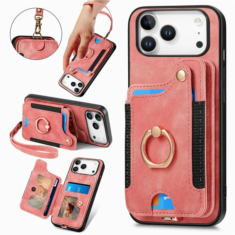 For iPhone 18 Pro Retro PU Leather Case Phone Cover with RFID Blocking Card Holder / Ring Holder - Pink
