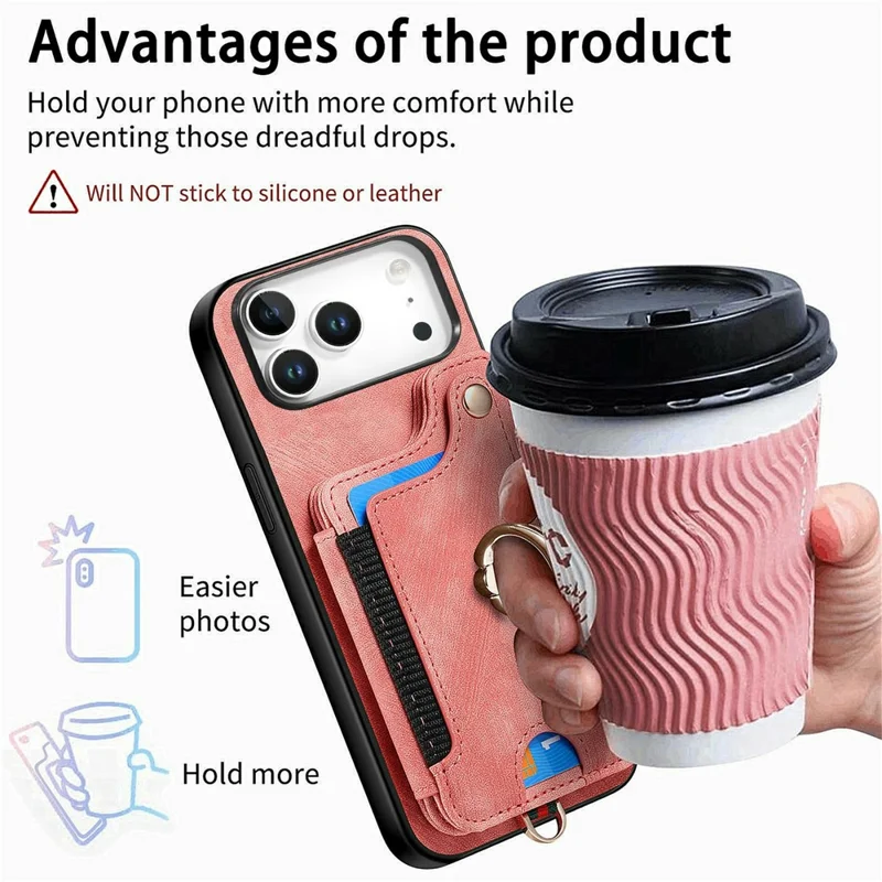 For iPhone 18 Pro Retro PU Leather Case Phone Cover with RFID Blocking Card Holder / Ring Holder - Pink