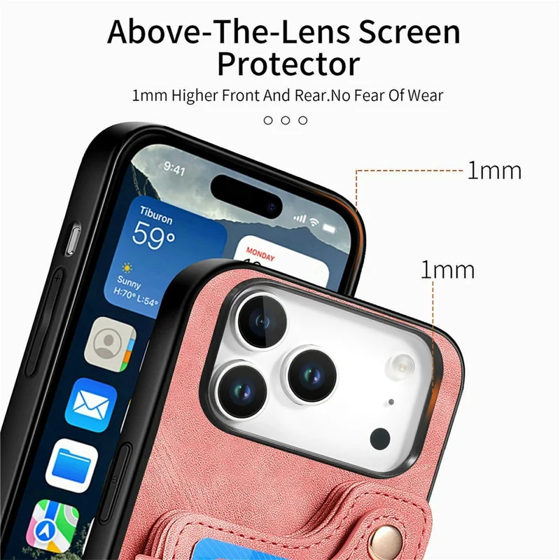 For iPhone 18 Pro Retro PU Leather Case Phone Cover with RFID Blocking Card Holder / Ring Holder - Pink