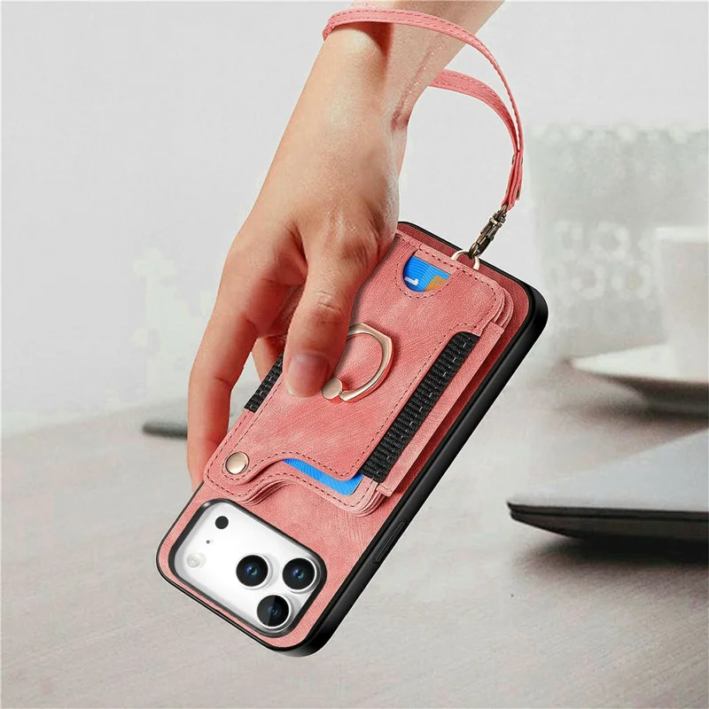 For iPhone 18 Pro Retro PU Leather Case Phone Cover with RFID Blocking Card Holder / Ring Holder - Pink