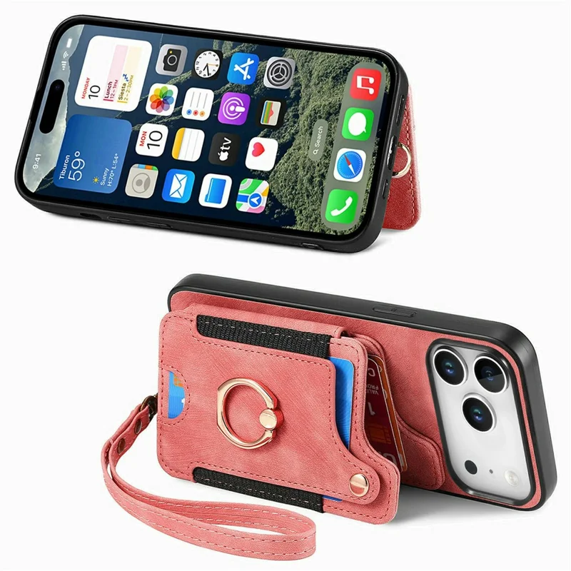 For iPhone 18 Pro Retro PU Leather Case Phone Cover with RFID Blocking Card Holder / Ring Holder - Pink