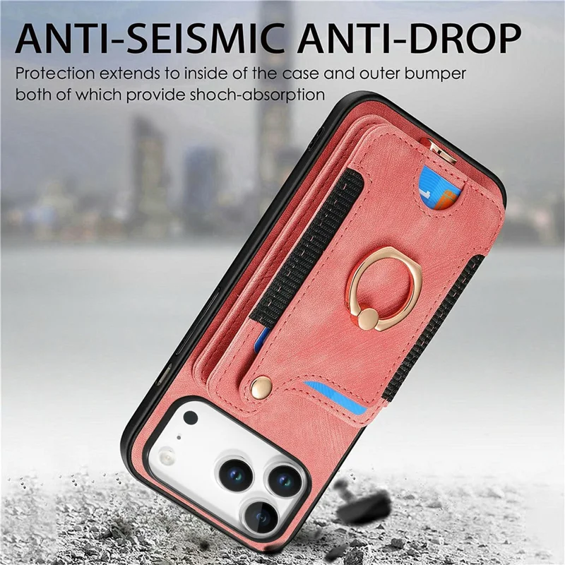 For iPhone 18 Pro Retro PU Leather Case Phone Cover with RFID Blocking Card Holder / Ring Holder - Pink