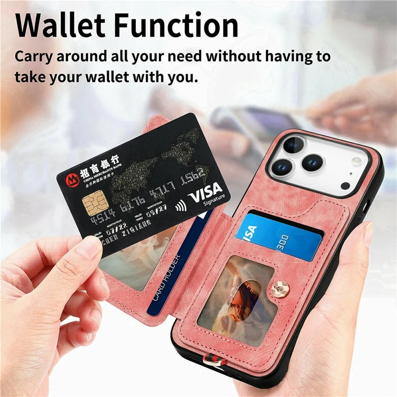 For iPhone 18 Pro Retro PU Leather Case Phone Cover with RFID Blocking Card Holder / Ring Holder - Pink