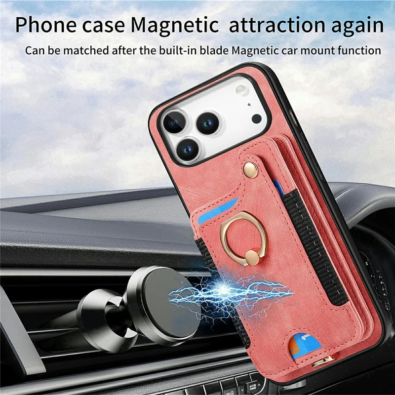 For iPhone 18 Pro Retro PU Leather Case Phone Cover with RFID Blocking Card Holder / Ring Holder - Pink