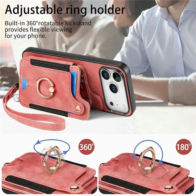 For iPhone 18 Pro Retro PU Leather Case Phone Cover with RFID Blocking Card Holder / Ring Holder - Pink