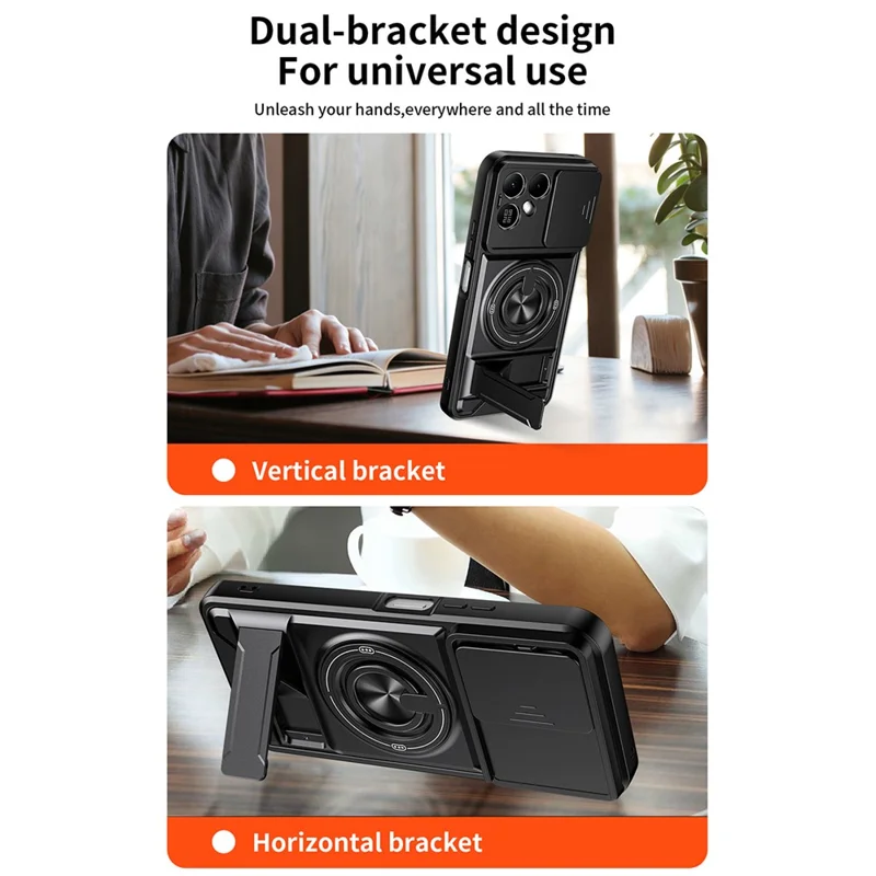 For TECNO Pova 8 5G Magnetic Case Ring Holder Foldable Kickstand TPU PC Phone Cover with Camera Lens Slider - Black