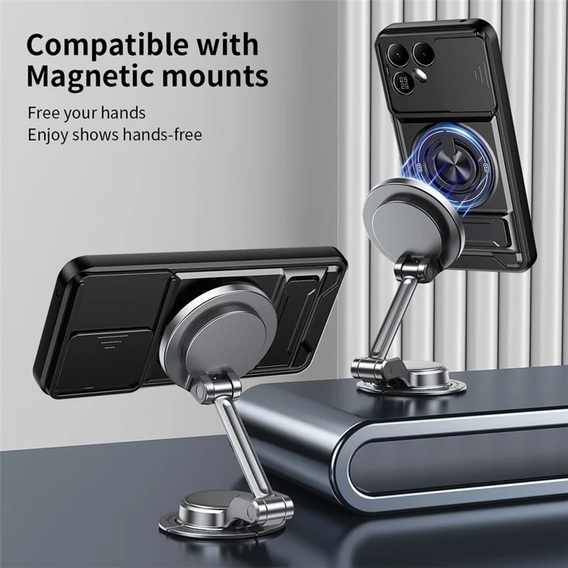 For TECNO Pova 8 5G Magnetic Case Ring Holder Foldable Kickstand TPU PC Phone Cover with Camera Lens Slider - Black