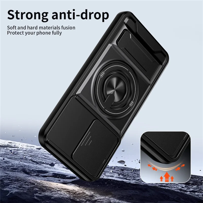 For TECNO Pova 8 5G Magnetic Case Ring Holder Foldable Kickstand TPU PC Phone Cover with Camera Lens Slider - Black