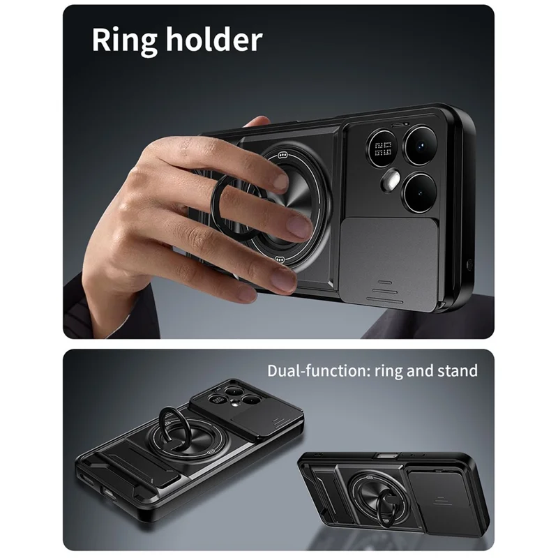 For TECNO Pova 8 5G Magnetic Case Ring Holder Foldable Kickstand TPU PC Phone Cover with Camera Lens Slider - Black