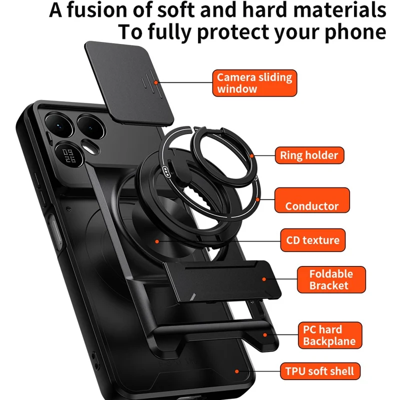 For TECNO Pova 8 5G Magnetic Case Ring Holder Foldable Kickstand TPU PC Phone Cover with Camera Lens Slider - Black