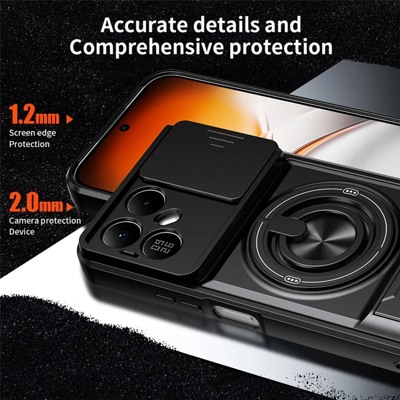 For TECNO Pova 8 5G Magnetic Case Ring Holder Foldable Kickstand TPU PC Phone Cover with Camera Lens Slider - Black