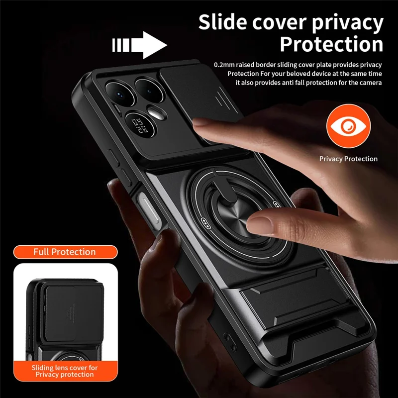For TECNO Pova 8 5G Magnetic Case Ring Holder Foldable Kickstand TPU PC Phone Cover with Camera Lens Slider - Black