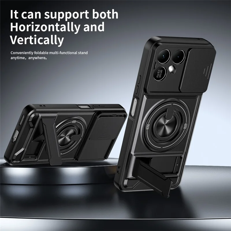For TECNO Pova 8 5G Magnetic Case Ring Holder Foldable Kickstand TPU PC Phone Cover with Camera Lens Slider - Black