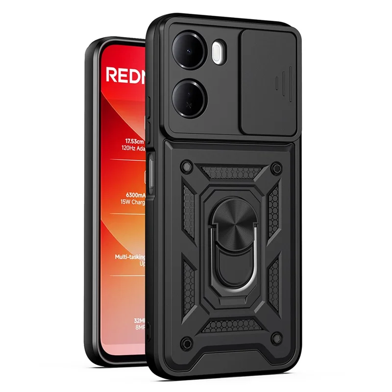 For Xiaomi Redmi 15a 5G Case with Slide Camera Lid PC + TPU Kickstand Phone Cover - Black