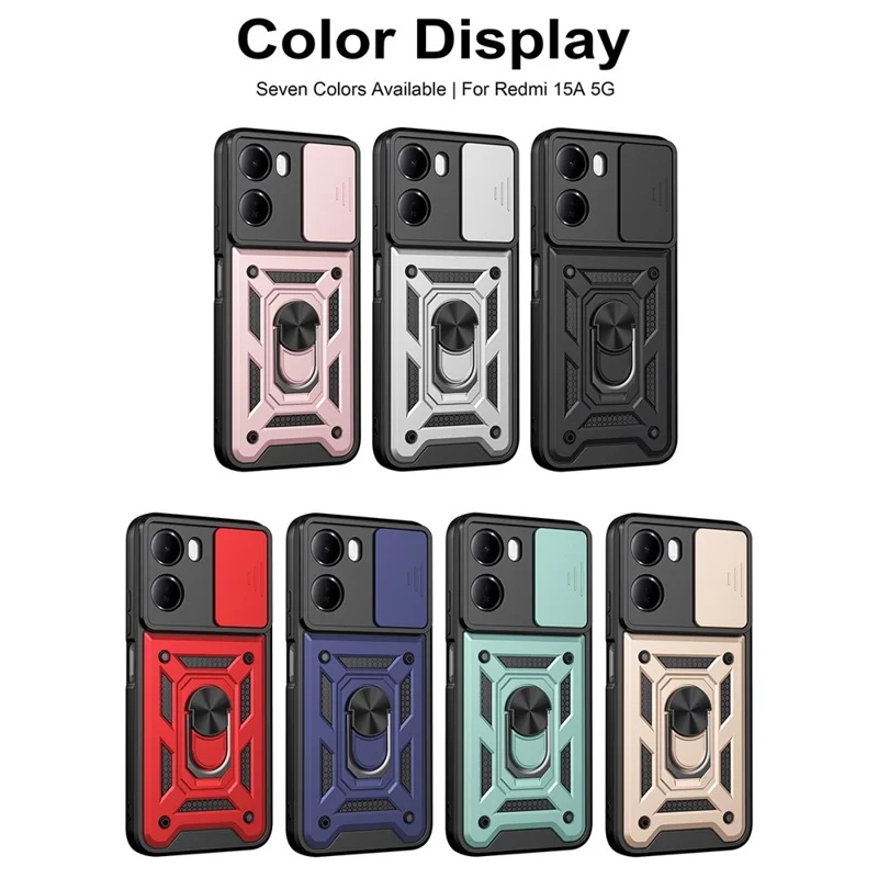 For Xiaomi Redmi 15a 5G Case with Slide Camera Lid PC + TPU Kickstand Phone Cover - Black